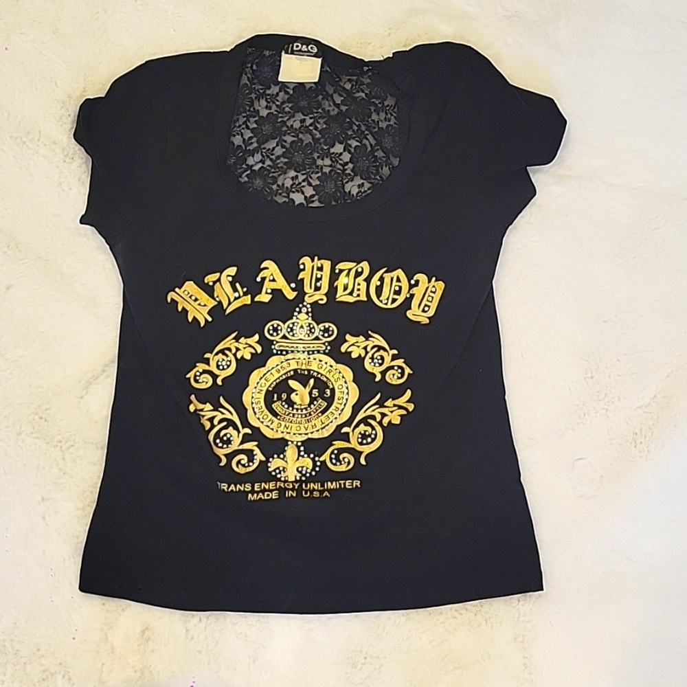 D & G Dolce & Gabbana Black t-shirt Playboy Crystals  sz Small